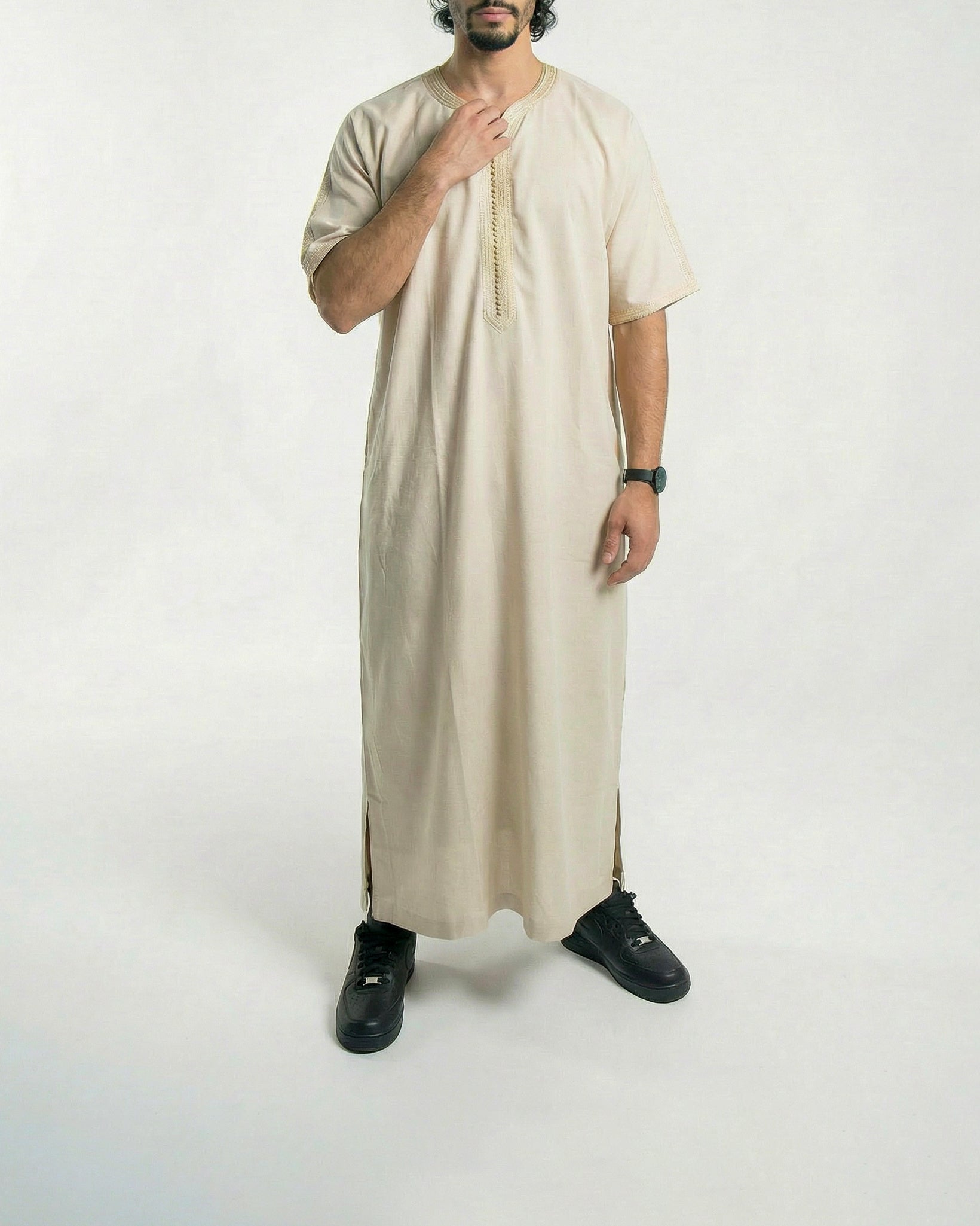 Mens Moroccan Thobe - The Embroidered Fit in Beige & Gold Threads