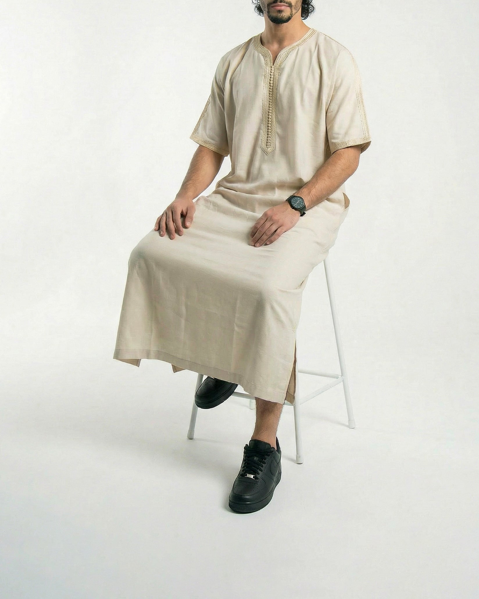 Mens Moroccan Thobe - The Embroidered Fit in Beige & Gold Threads