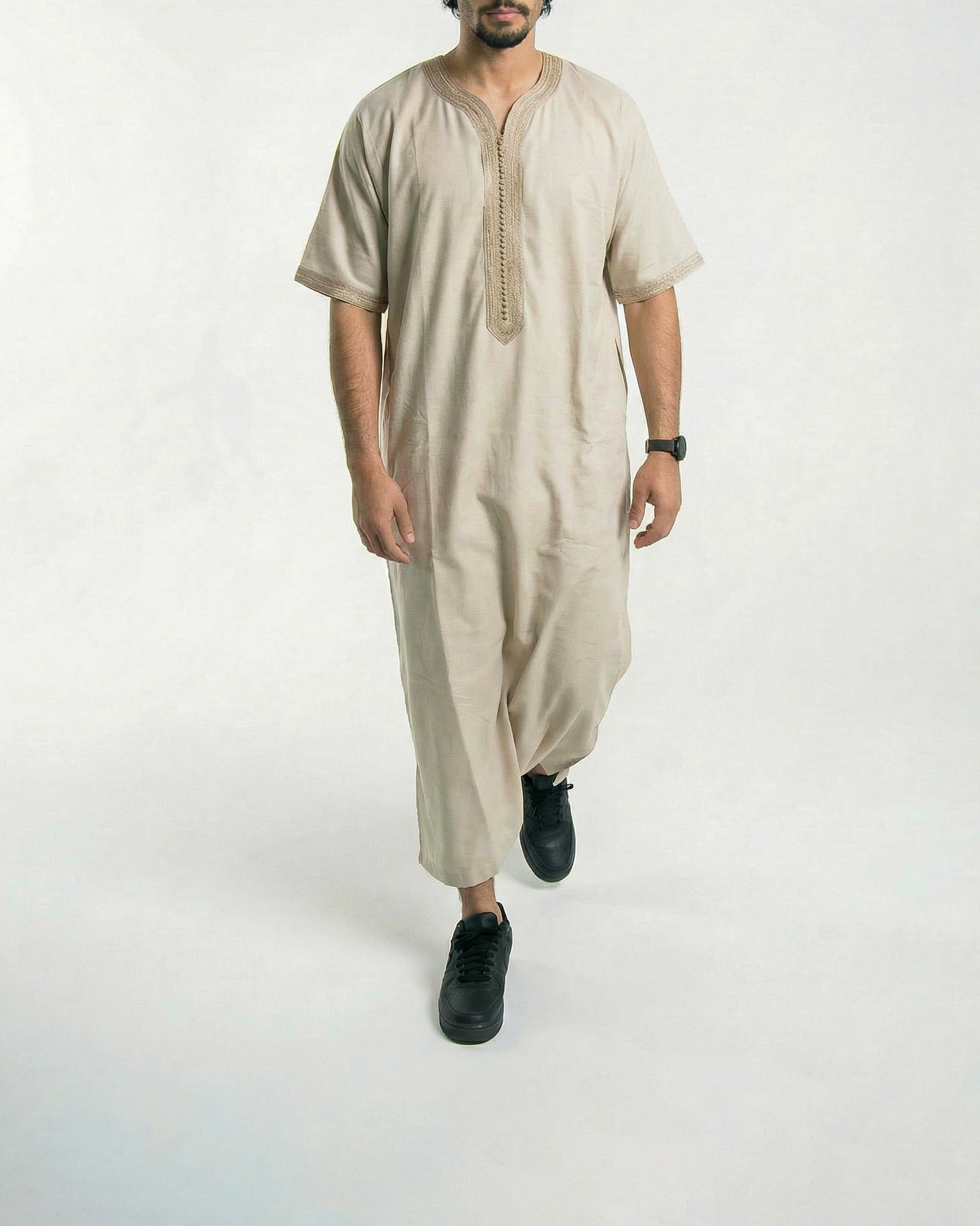 Mens Moroccan Thobe - The Embroidered Fit in Beige and Sand Threads