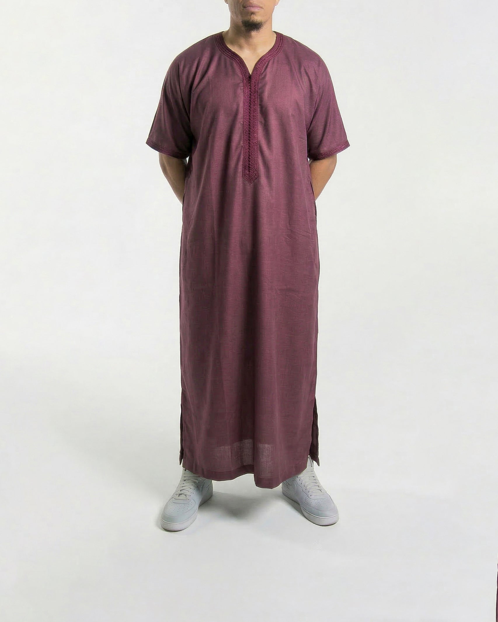 Mens Moroccan Thobe - The Embroidered Fit in Burgundy