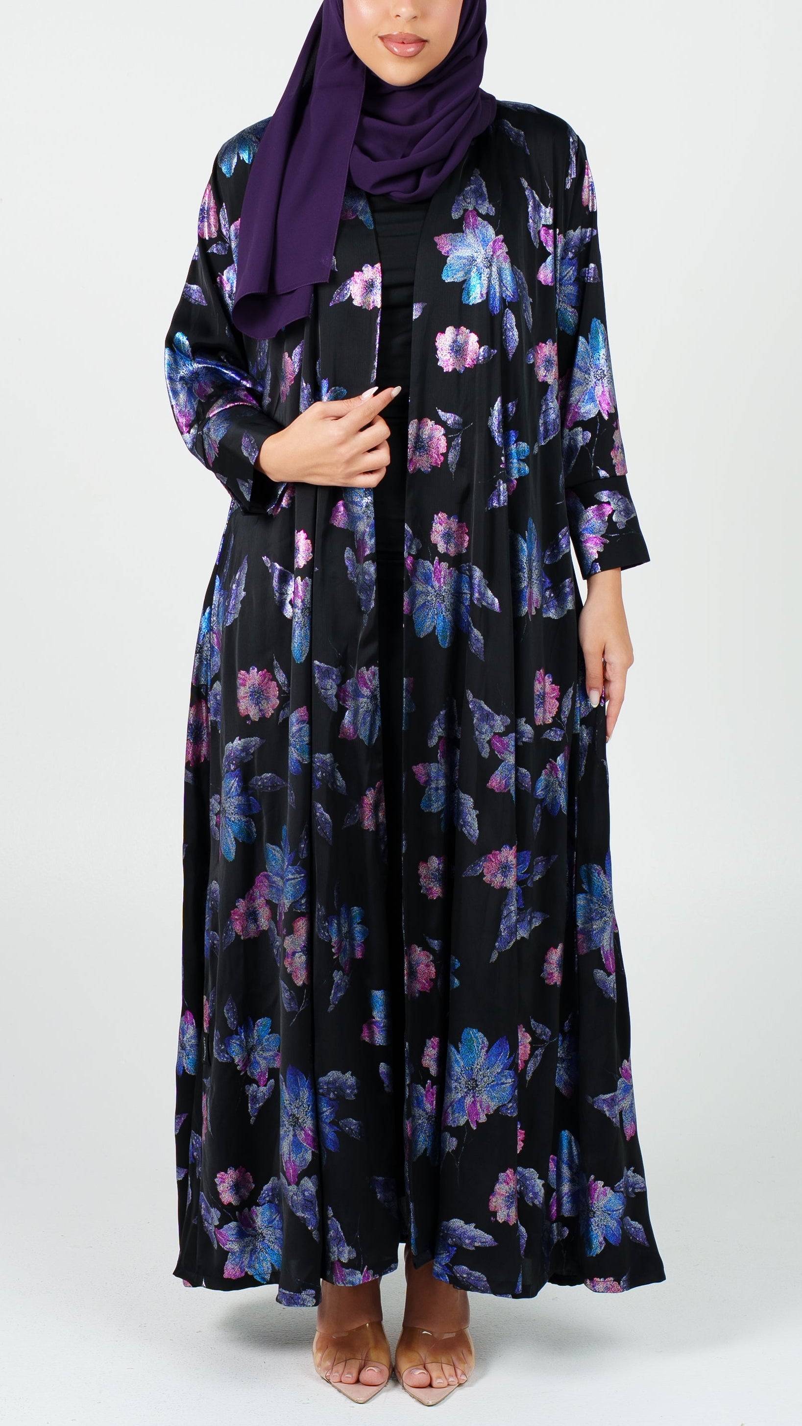 Womens Essential Abaya - Shiny Reflective Floral Print in Ebony
