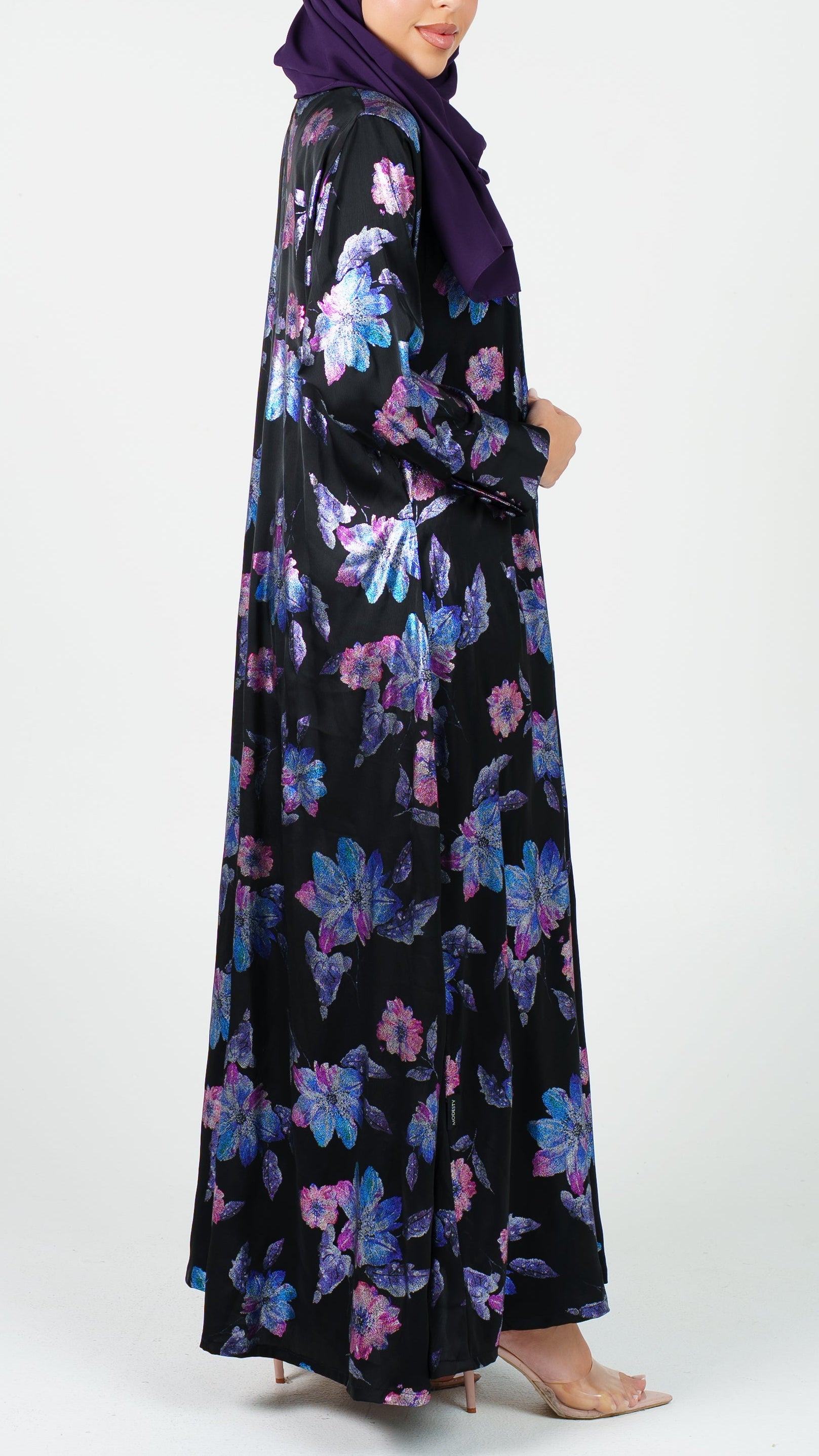 Womens Essential Abaya - Shiny Reflective Floral Print in Ebony
