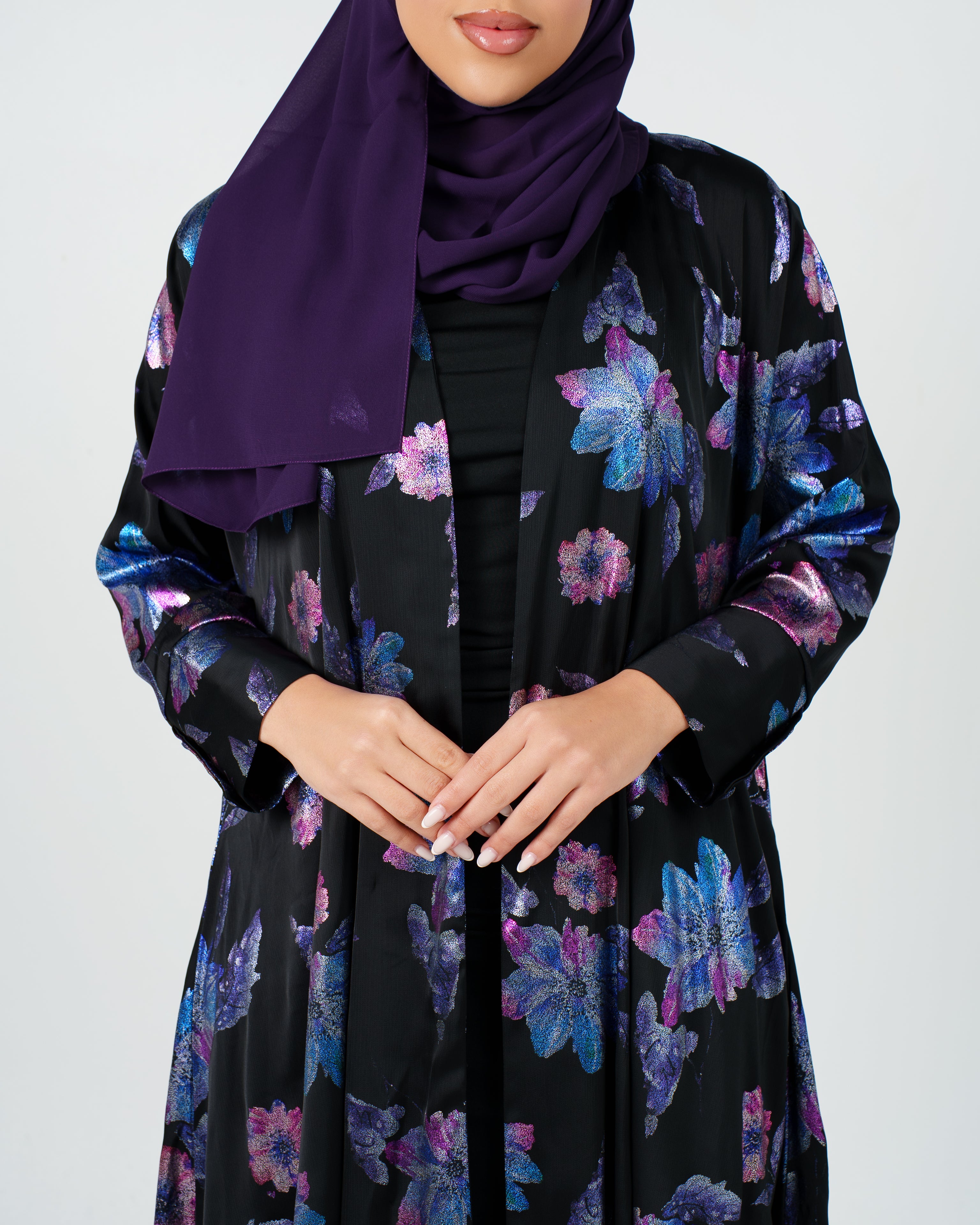 Womens Essential Abaya - Shiny Reflective Floral Print in Ebony