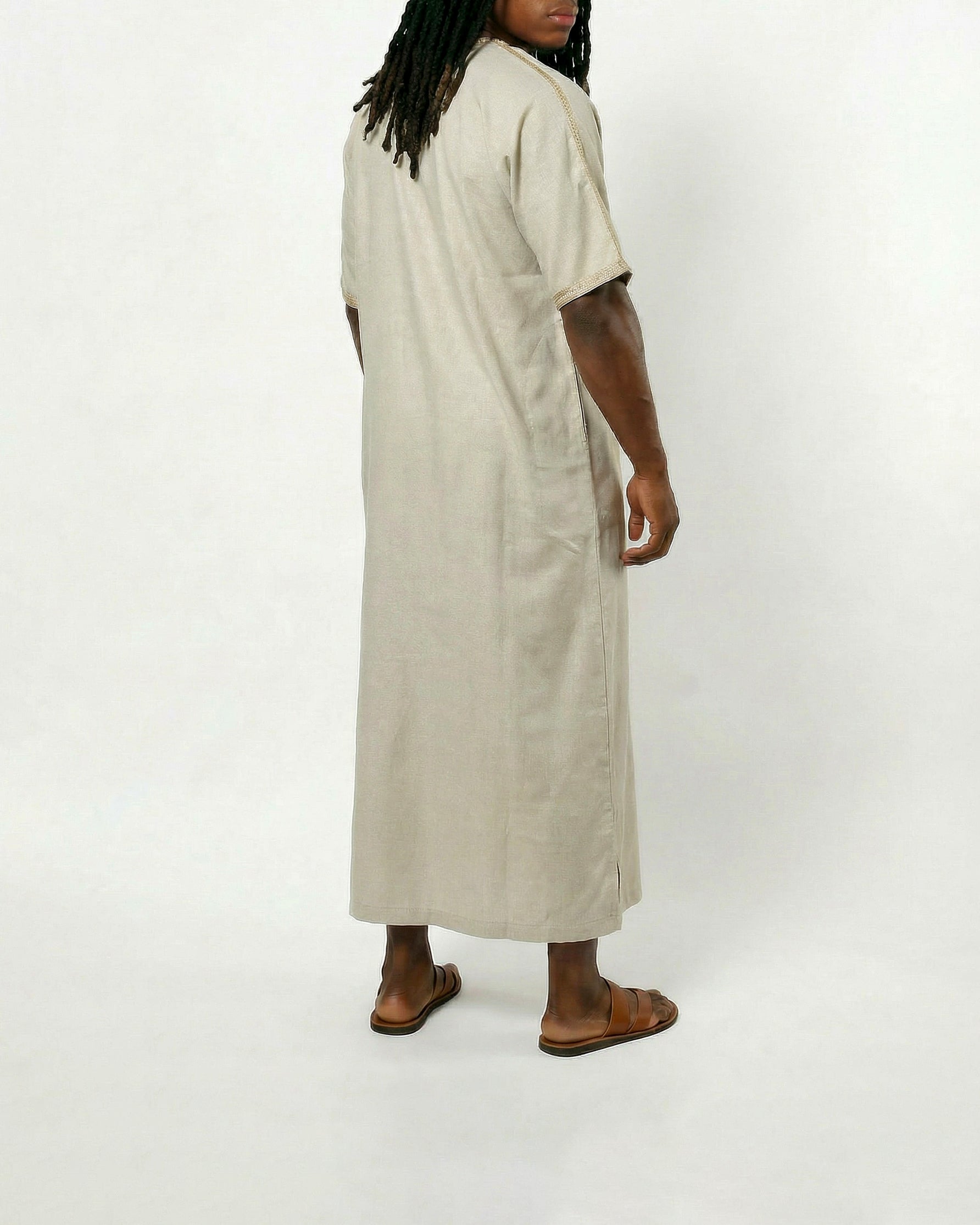 Mens Moroccan Thobe - The Embroidered Fit in Textured Beige and Sand Threads