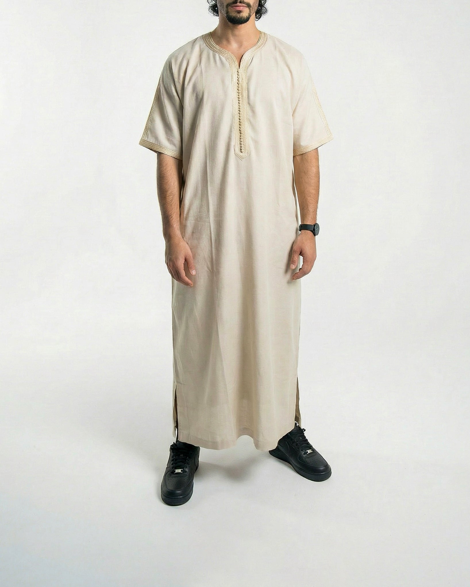Mens Moroccan Thobe - The Embroidered Fit in Beige & Gold Threads