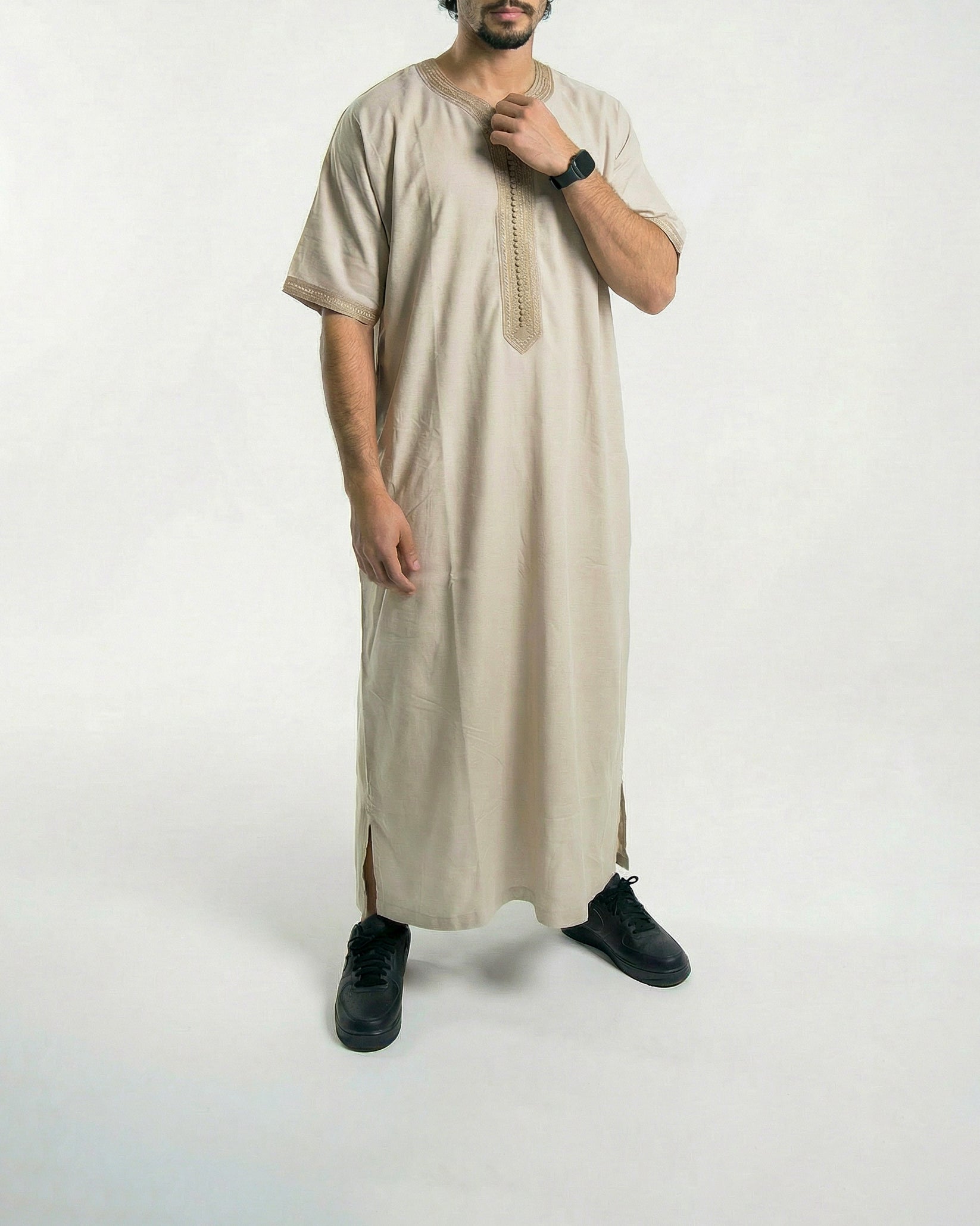 Mens Moroccan Thobe - The Embroidered Fit in Beige and Sand Threads