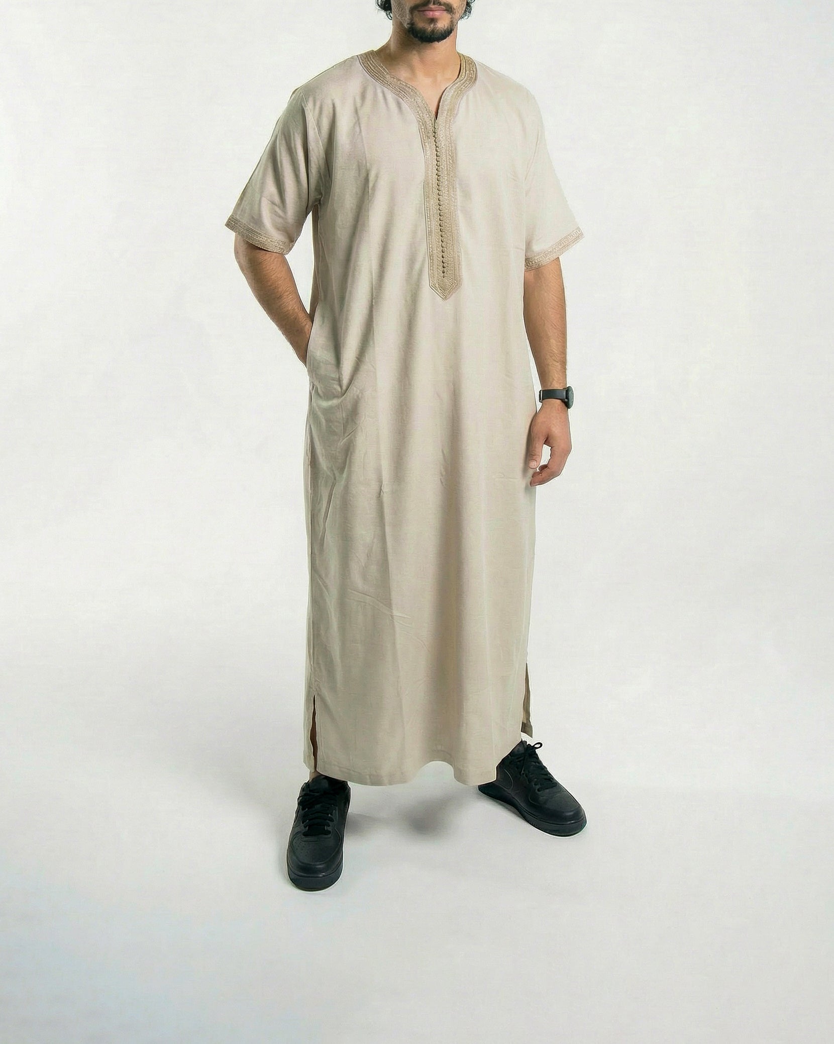 Mens Moroccan Thobe - The Embroidered Fit in Beige and Sand Threads