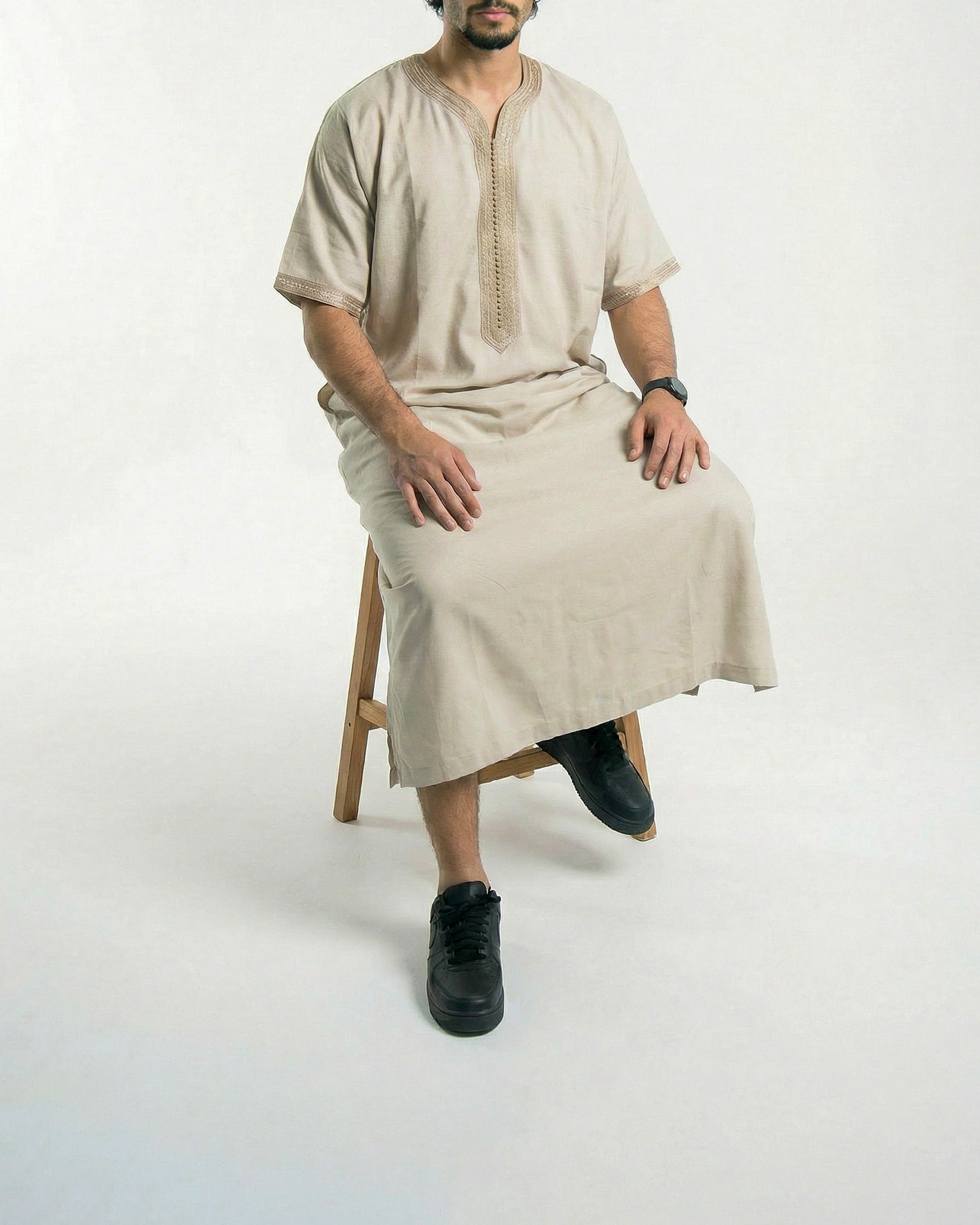 Mens Moroccan Thobe - The Embroidered Fit in Beige and Sand Threads