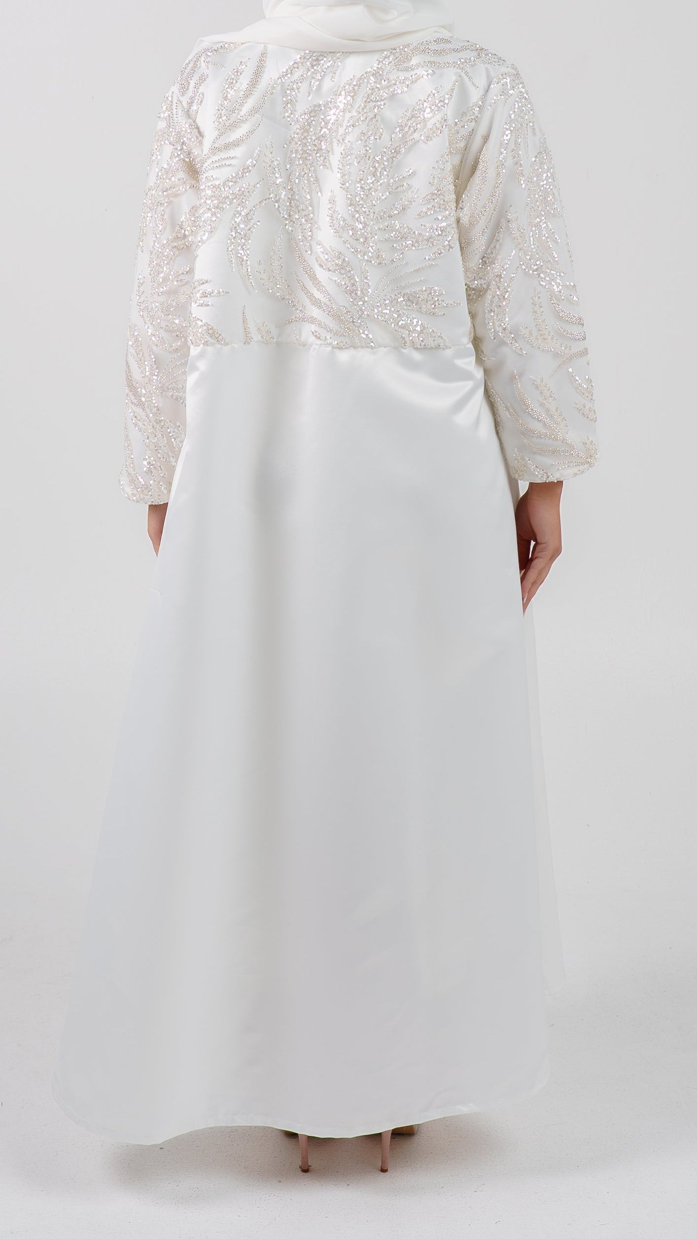 Womens Dressy Abaya - The Beaded Bridal Awe in Pearl White