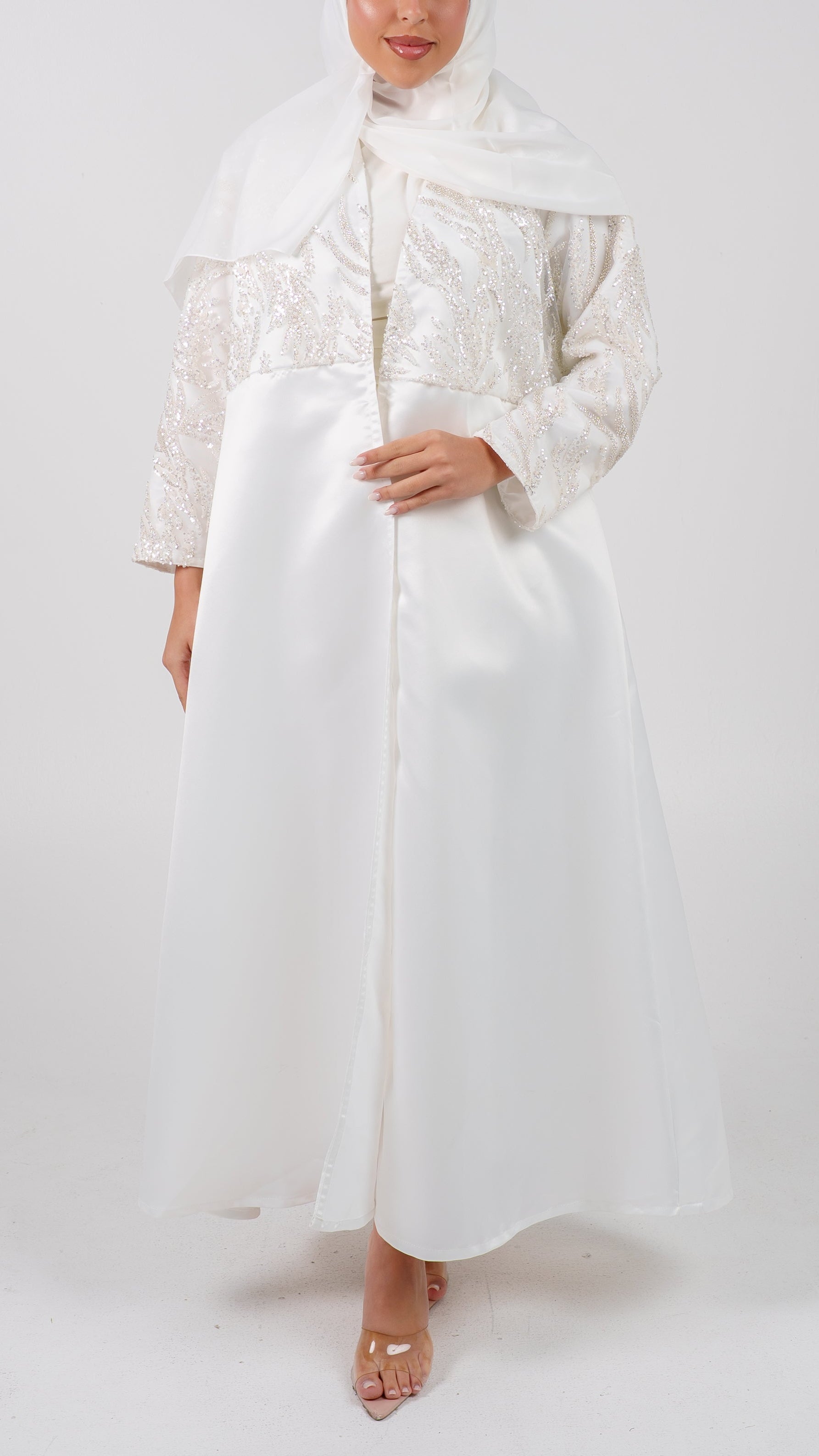 Womens Dressy Abaya - The Beaded Bridal Awe in Pearl White