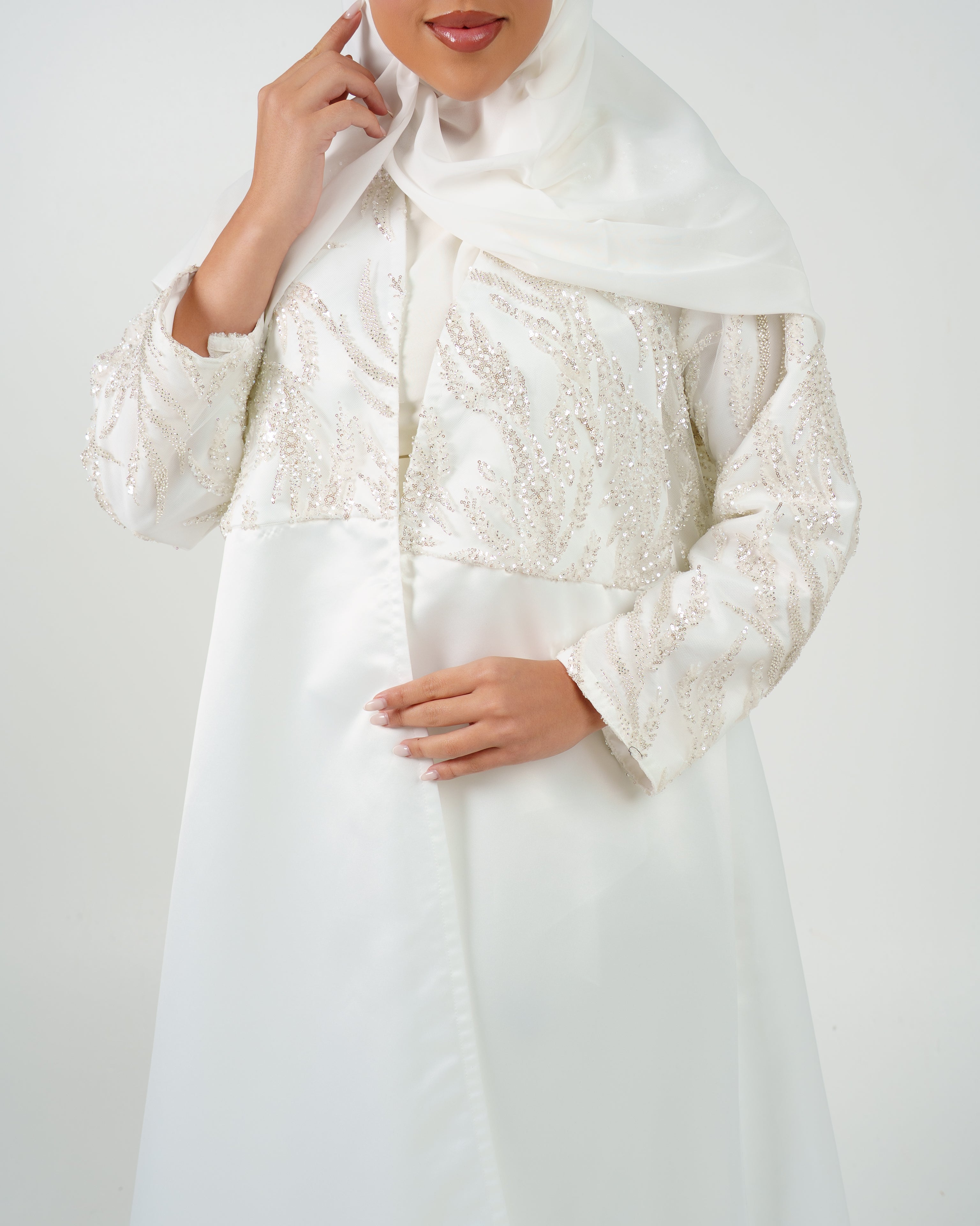 Womens Dressy Abaya - The Beaded Bridal Awe in Pearl White