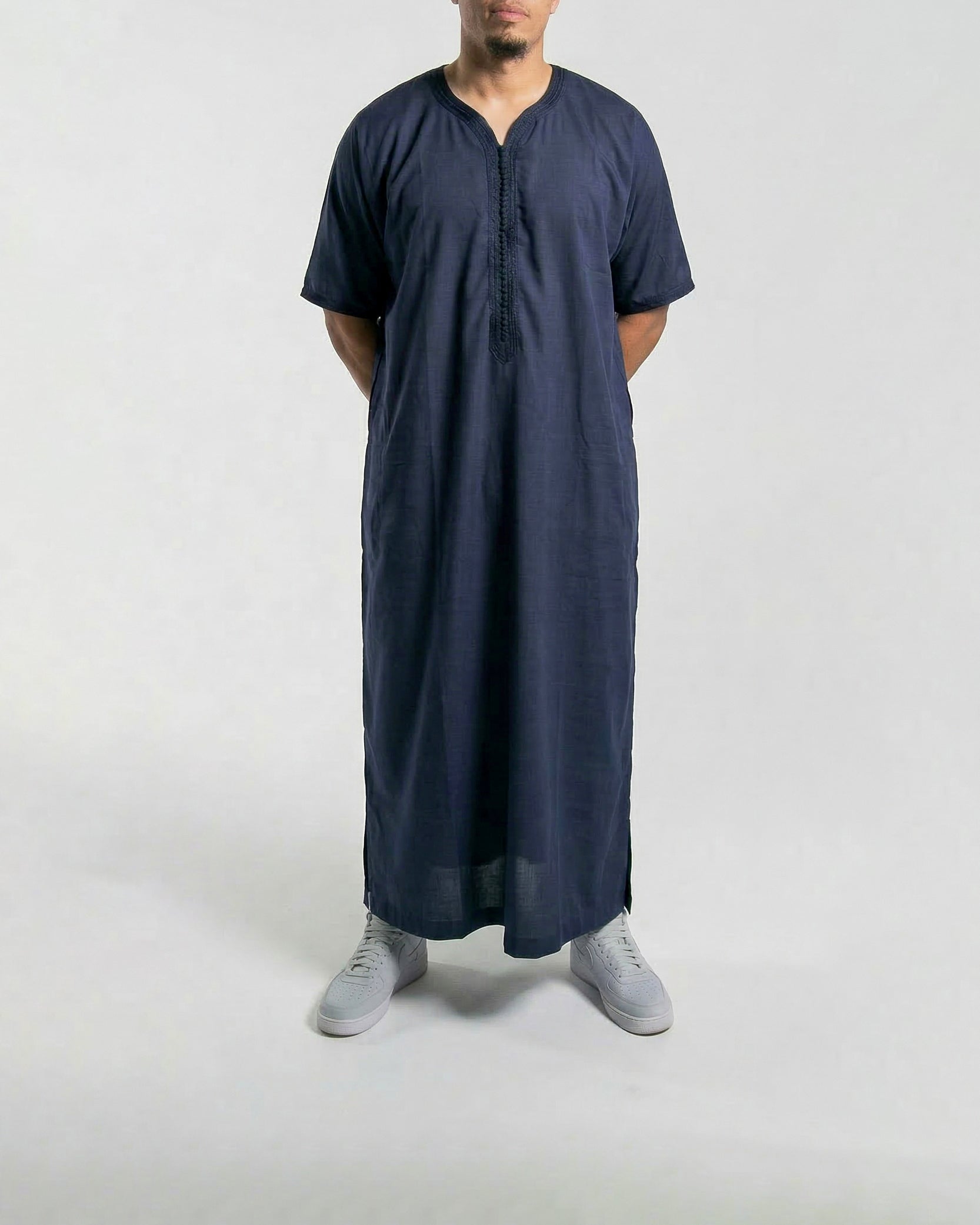 Mens Moroccan Thobe - The Embroidered Fit in Midnight Blue
