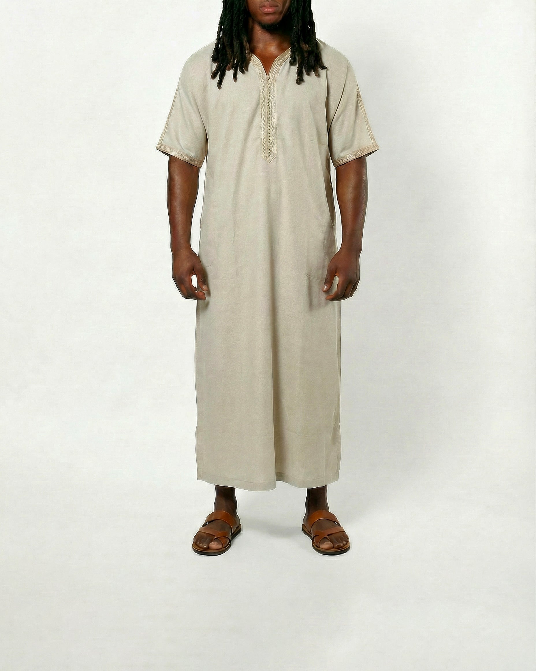Mens Moroccan Thobe - The Embroidered Fit in Textured Beige and Sand Threads