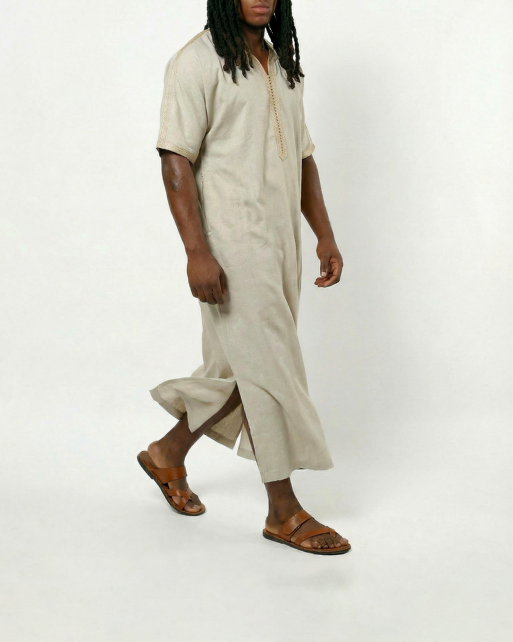 Mens Moroccan Thobe - The Embroidered Fit in Textured Beige and Sand Threads