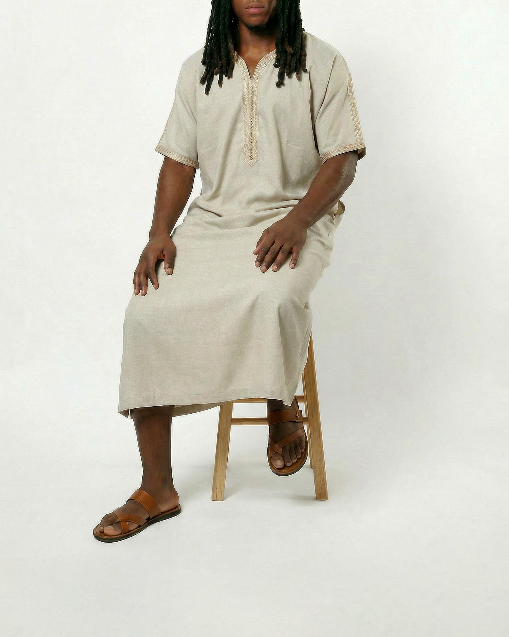 Mens Moroccan Thobe - The Embroidered Fit in Textured Beige and Sand Threads